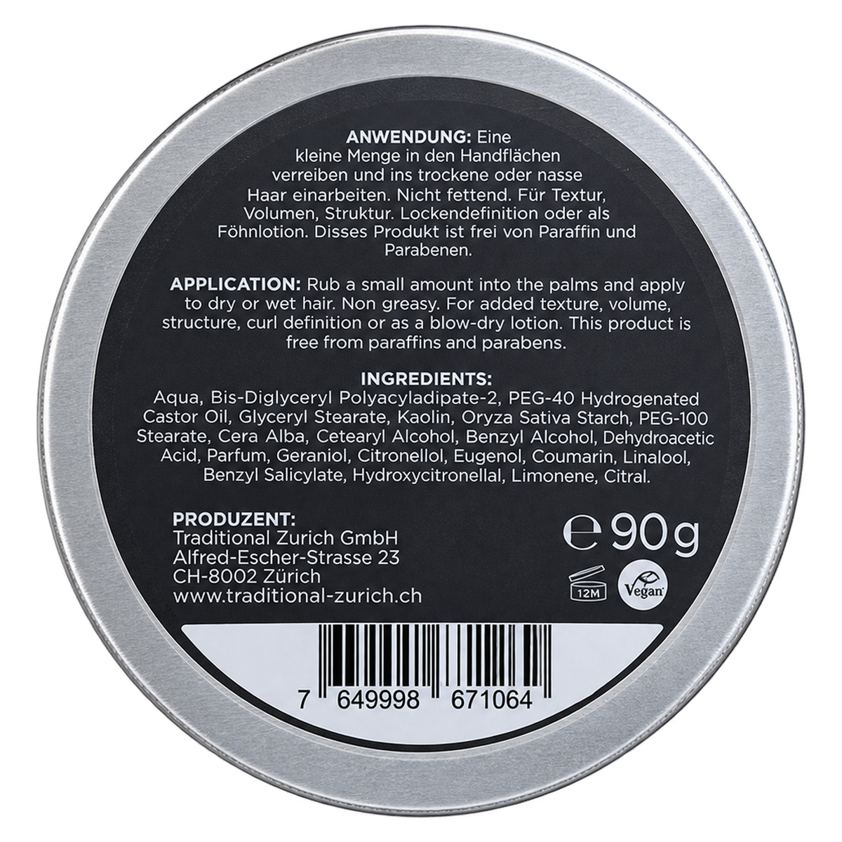 Forming Cream 90 g von Traditional Zürich — Anwendung und Inhaltsstoffe, Rückseite der Alu-Dose