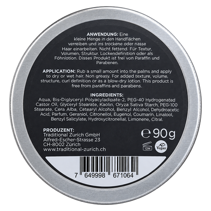 Forming Cream 90 g von Traditional Zürich — Anwendung und Inhaltsstoffe, Rückseite der Alu-Dose